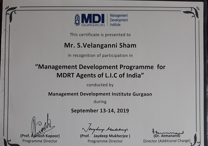 Merit Certificate from Management Development Institute - Gurgaon, Delhi .