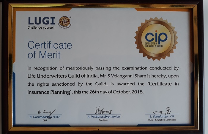 Certificate of Merit for Certificate Insurance Planner course at Mangalore.